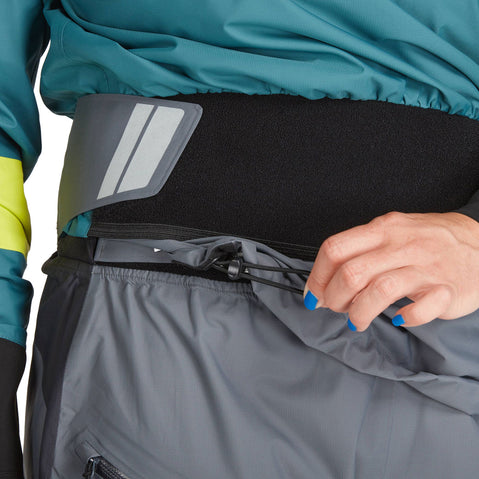 NRS Women's Stratos Semi-Dry Paddling Jacket in Mediterranea model drawstring