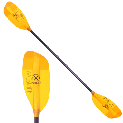 Werner Sherpa Fiberglass 4-Piece Whitewater Kayak Paddle in Translucent Amber angle