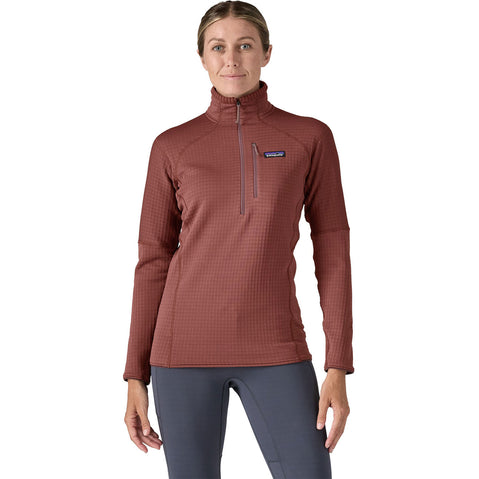 Patagonia Women's R1 Pullover Top model in dulse mauve facing forward