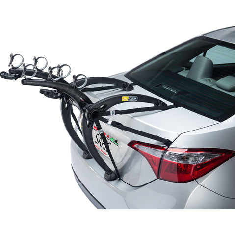 Saris Bones 3-Bike Trunk Rack installed on a car angle