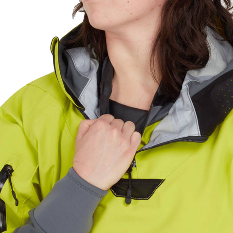 NRS Women's Element GORE-TEX Pro Semi-Dry Top in Chartreuse neck