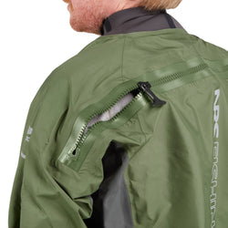 NRS Spyn Fishing Semi-Dry Suit in Olive model rear entry zipper