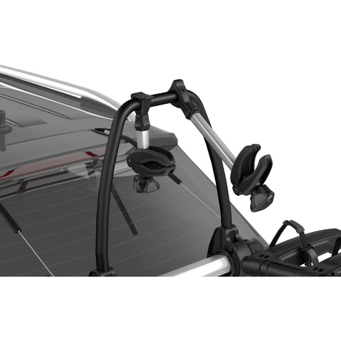 Thule OutWay Platform 2 Bike Trunk Rack Silver/Black installed on a car detail