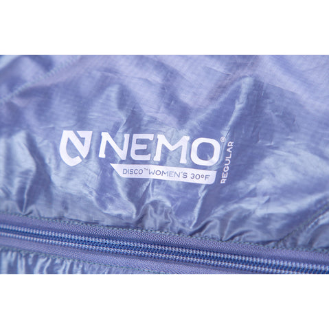 Nemo Equipment Women's Disco 30-Degree Endless Promise Down Sleeping Bag in Blue Granite screen print