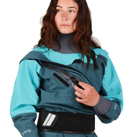 NRS Women's Axiom GORE-TEX Pro Dry Suit in Mediterranea/Aqua model entry zipper