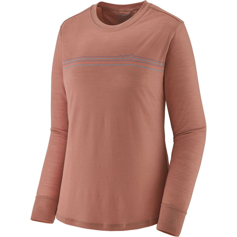 Patagonia Women's Capilene Cool Merino Graphic Long Sleeve Shirt in Fitz Roy Fader/Terra Pink angle
