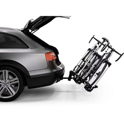 Thule Helium Platform XT 2 Bike Hitch Rack in Silver with bikes loaded side