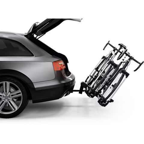 Thule Helium Platform XT 2 Bike Hitch Rack in Silver with bikes loaded side
