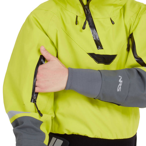 NRS Women's Element GORE-TEX Pro Semi-Dry Top in Chartreuse arm pocket