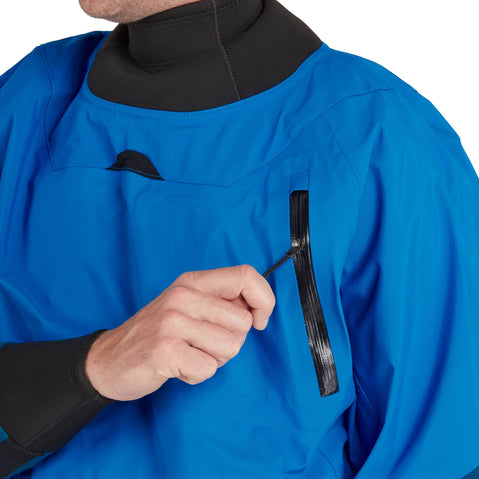 NRS Men's Flux Dry Top in Blue model chest  pocket