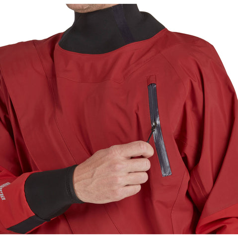 NRS Men's Explorer Semi-Dry Suit in Red model chest zipper