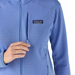 Patagonia Women's R1 Jacket in Abundant Blue showing zippered chest pocket