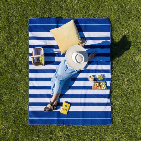 CGear Sandlite Sand-Free Mat in Navy Blue Stripe lifestyle 1