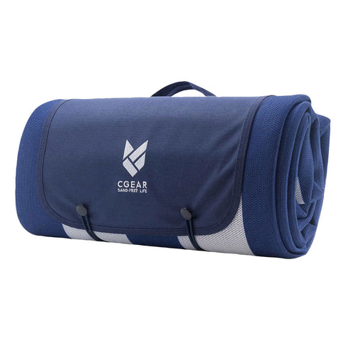 CGear Sandlite Sand-Free Mat in Navy Blue Stripe rolled