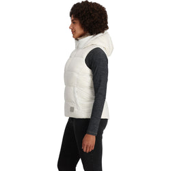 Outdoor Research Women's Coldfront Hooded Down Vest II in Snow model view side