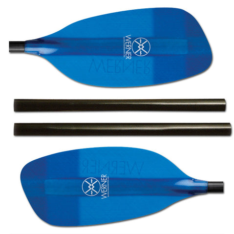 Werner Side Kick Fiberglass 4-Piece Whitewater Kayak Paddle in Translucent Blue side