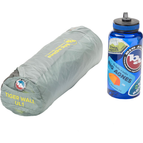 Big Agnes Tiger Wall UL 2 Person Backpacking Tent in Mercury/Evening Primrose stuffed with bottle