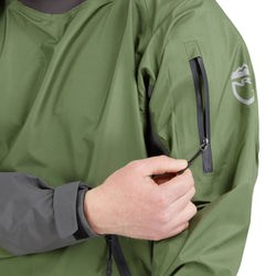 NRS Spyn Fishing Semi-Dry Suit in Olive model arm zipper