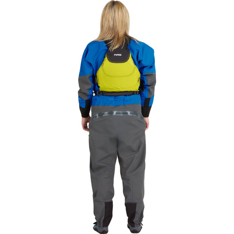 NRS Women's Explorer Semi-Dry Suit in Blue model backPFD