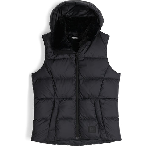 Outdoor Research Women's Coldfront Hooded Down Vest II in Black front