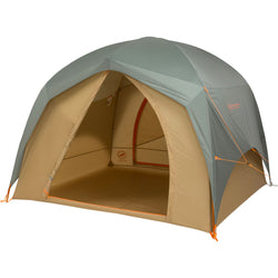 Big Agnes Big House 4 Person Camping Tent in Chinois Green/Prairie Sand with fly door open