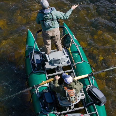 Outcast PAC 1200 Pro Series Pontoon Boat On The Water From Above With Paddlers