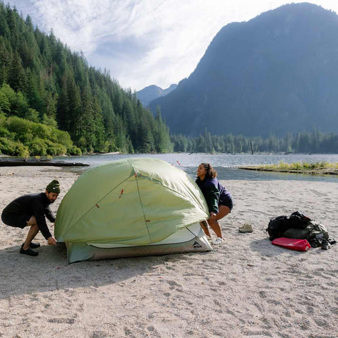 MSR Elixir 2 Person Backpacking Tent campers attaching the rainfly
