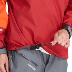 NRS Women's Endurance Paddling Jacket in Poppy/Vino model drawstring