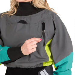 NRS Women's Pivot Dry Suit in Jade/Lime model chest pocket