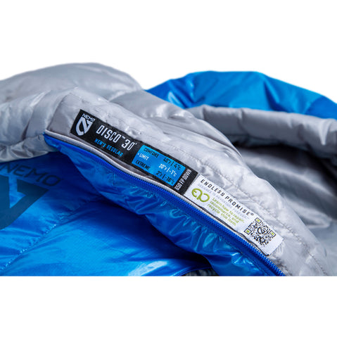 Nemo Equipment Men's Disco 30-Degree Endless Promise Down Sleeping Bag in Brilliant Blue woven label