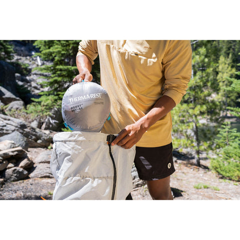 Therm-a-Rest Boost 650 20 Degree Down Sleeping Bag in Morning Blue lifestyle