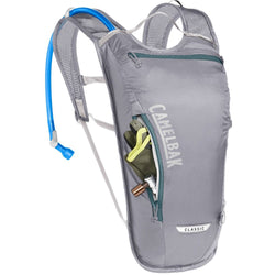 Camelbak Classic Light 70 oz. Hydration Backpack in Gunmetal/Hydro showing side pocket