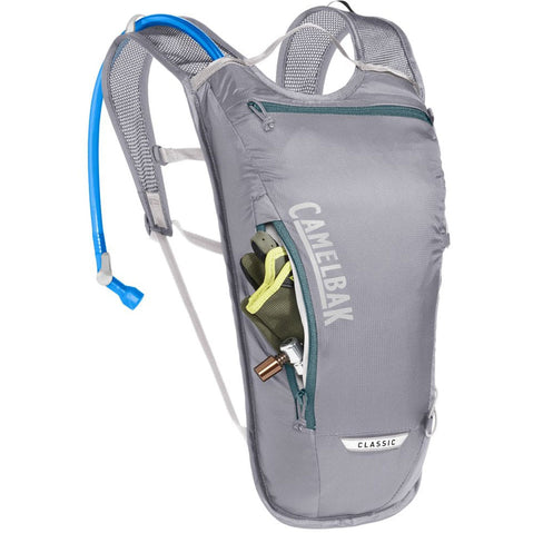 Camelbak Classic Light 70 oz. Hydration Backpack in Gunmetal/Hydro showing side pocket