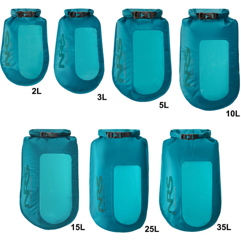NRS Ether HydroLock Dry Sack close up of all sizes in blue