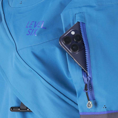 Level Six Women's Freya Dry Suit Crater Blue chest pocket