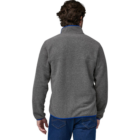Patagonia Men's Lightweight Synchilla Snap-T Pullover Top in Nickel/Passage Blue model bacl