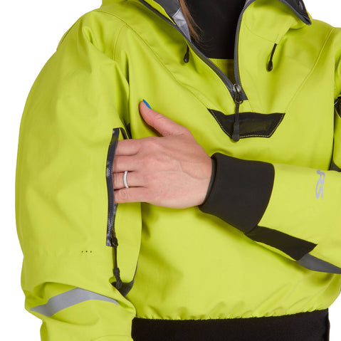 NRS Women's Orion Paddling Jacket in Lime model arm pocket