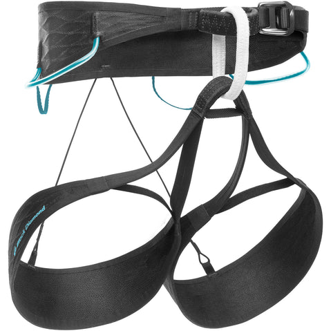 Black Diamond Women's Airnet Rock Climbing Harness in Black/Aqua Verde front