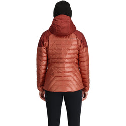 Outdoor Research Women's Helium Down Hoodie in Cinnamon/Brick model view back