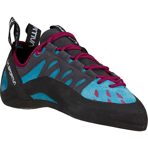 La Sportiva Women's Tarantulace Rock Climbing Shoes in Topaz/Red Plum angle