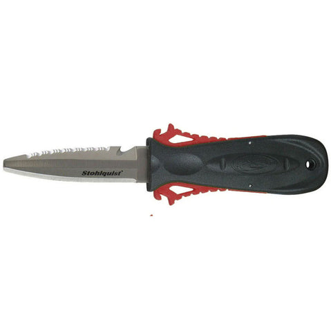 Stohlquist Squeeze Lock Blunt Tip Knife in Red unsheathed