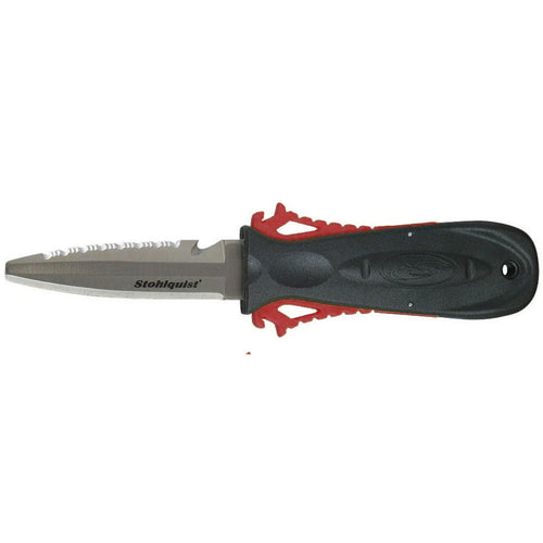 Stohlquist Squeeze Lock Blunt Tip Knife in Red unsheathed