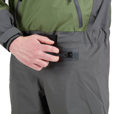 NRS Spyn Fishing Semi-Dry Suit in Olive model relief zipper
