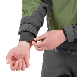 NRS Spyn Fishing Semi-Dry Suit in Olive model wrist