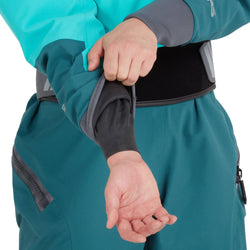 NRS Women's Phenom GORE-TEX Pro Dry Suit in Aqua model wrist drain