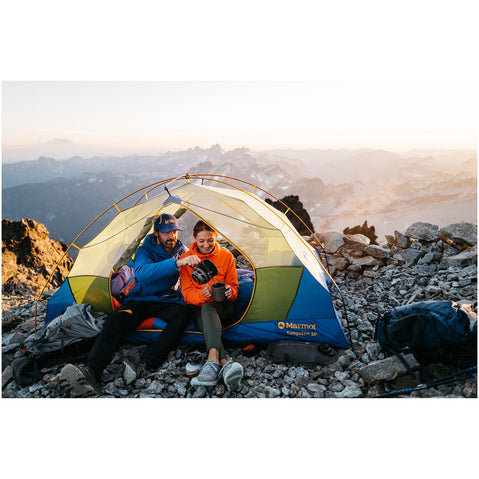Marmot Tungsten 2 Person Backpacking Tent in Foliage/Dark Azure lifestyle