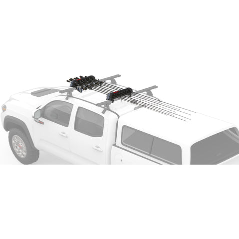 Yakima ReelDeal Rooftop Fishing Rod Carrier installed on a car angle