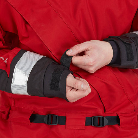 NRS Ascent SAR GORE-TEX Dry Suit in Red model wrist closure