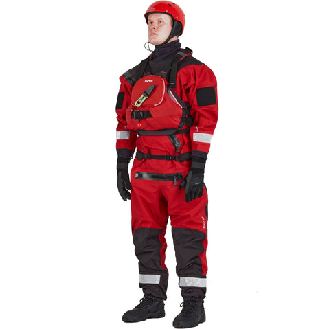Reboxed NRS Ascent SAR Dry Suit in Red model frontPFD