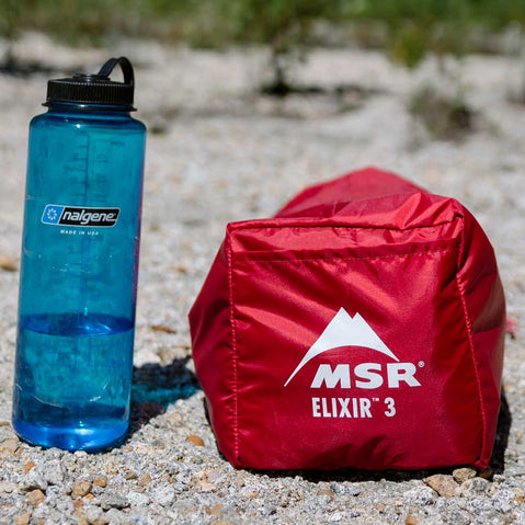 MSR Elixir 3 Person Backpacking Tent compares to a water bottle